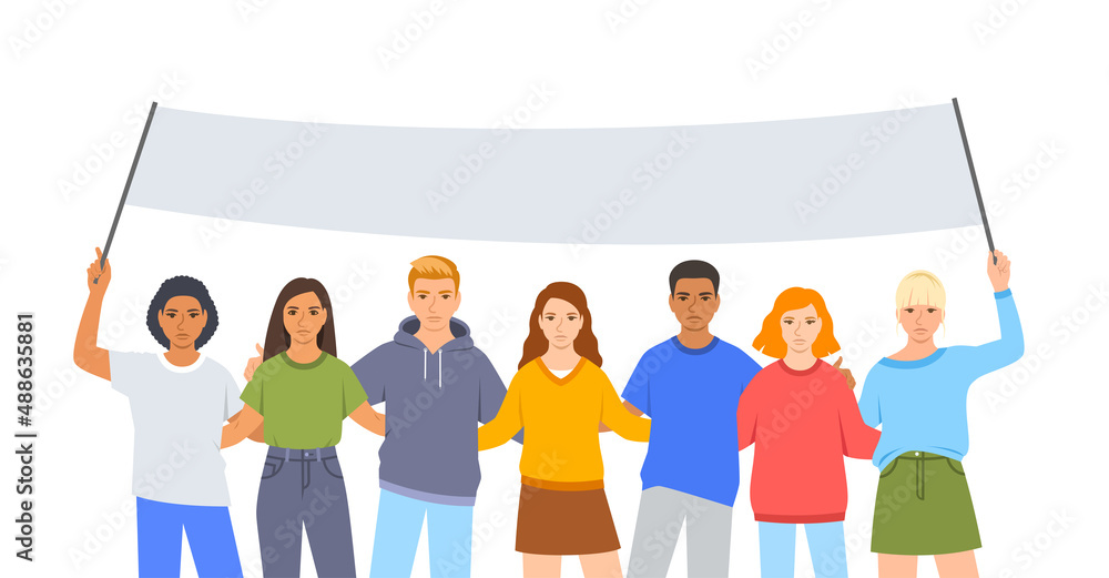Obraz premium Young people activists, angry boys and girls stand together holding a political banner. Peaceful students demonstration. Public protests for justice. March for civil rights. Flat cartoon illustration