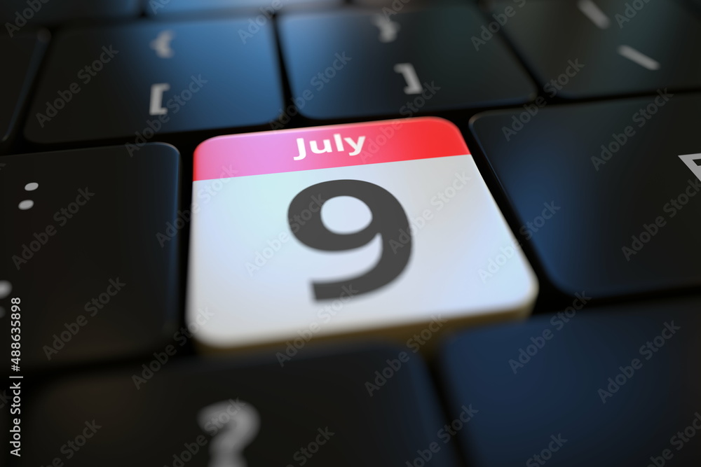 July 9 date on a keyboard key, conceptual 3d rendering July 9 date on a keyboard key, conceptual 3d rendering