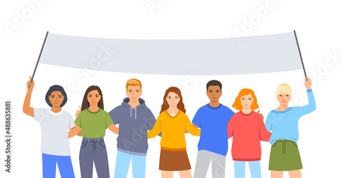 Young people activists, angry boys and girls stand together holding a political banner. Peaceful students demonstration. Public protests for justice. March for civil rights. Flat cartoon illustration