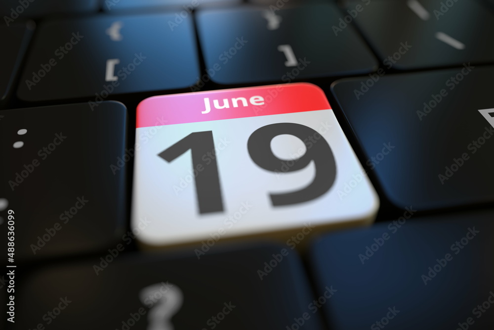 June 19 date on a keyboard key, 3d rendering June 19 date on a keyboard key, 3d rendering