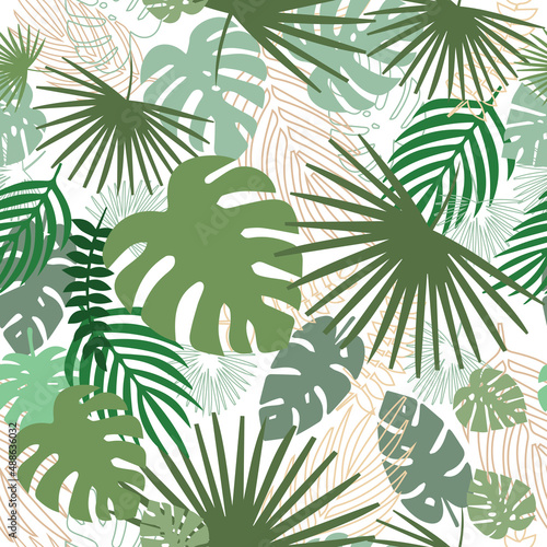 Pattern with tropical foliage on a light background.Vector graphics. 
