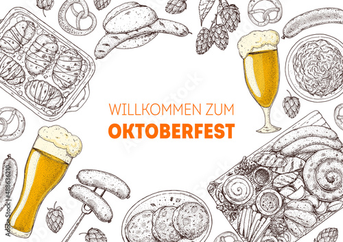 German food sketch. Oktoberfest menu design template. Hand drawn vector illustration. German cuisine. Black and white. Engraved style. Hand drawn food, sketch illustration.