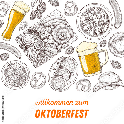 Oktoberfest menu design template. German food sketch. Hand drawn vector illustration. German cuisine. Black and white. Engraved style. Hand drawn food, sketch illustration.