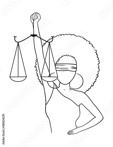 Afro woman justice black and white illustration on white background