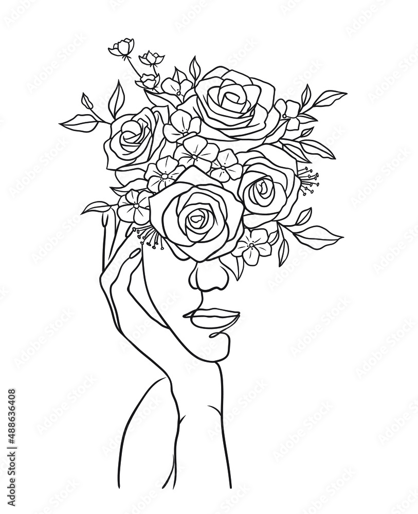 Beautiful woman face with flowers black and white illustration on white background Beautiful woman face with flowers black and white illustration on white background
