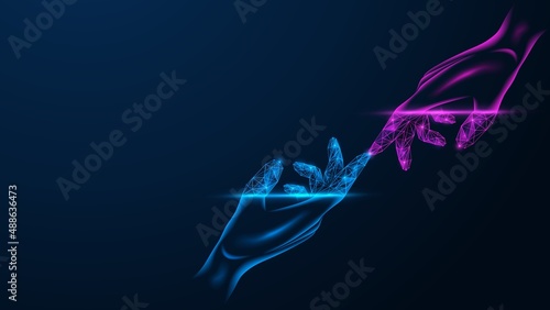 The touch of hands in a virtual space. Transition to digital cyberspace.
