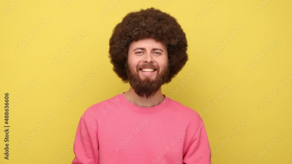Portrait of happy positive bearded man with Afro hairstyle looking at camera with toothy smile, optimism, success, wearing pink sweatshirt. Indoor studio shot isolated on yellow background. Portrait of happy positive bearded man with Afro hairstyle looking at camera with toothy smile, optimism, success, wearing pink sweatshirt. Indoor studio shot isolated on yellow background.