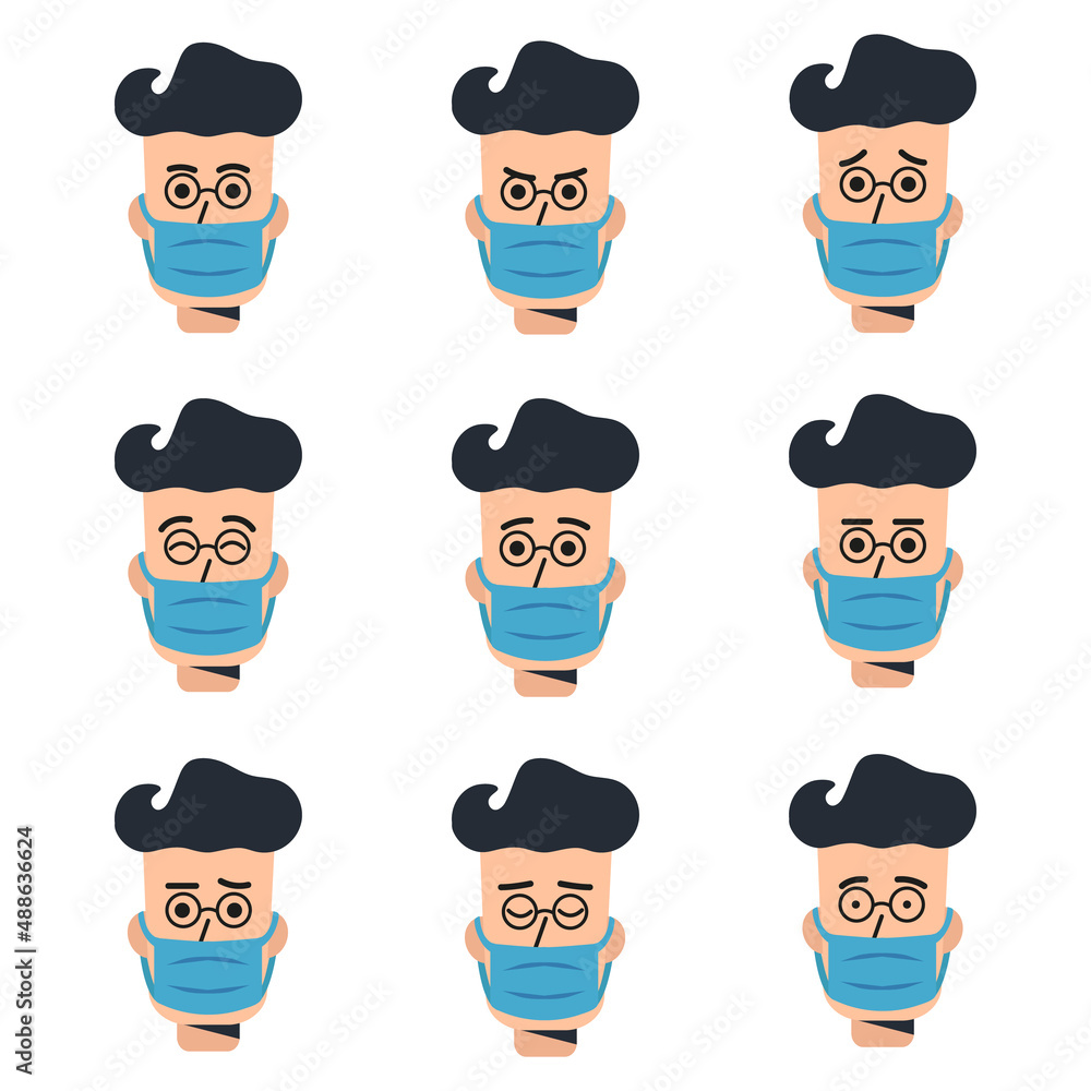 Collection of vector emotions of a man behind a mask. Doctor's head with different mood. Character avatar Collection of vector emotions of a man behind a mask. Doctor's head with different mood. Character avatar