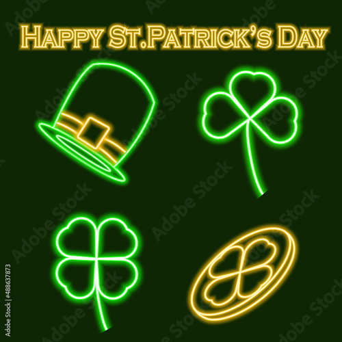 St. Patrick's Day neon icons. Clover leaves, hat and gold coin. Design for posters and greeting cards. Vector illustration.