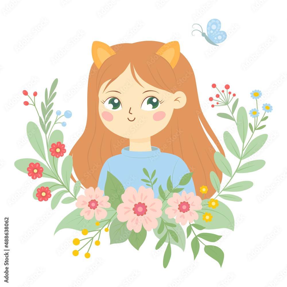 Portrait of a cute girl with a flower wreath in hand-drawn cartoon style. Pretty character for greeting cards, children T-shirts, posters, invitations, covers. Vector illustration isolated on a white