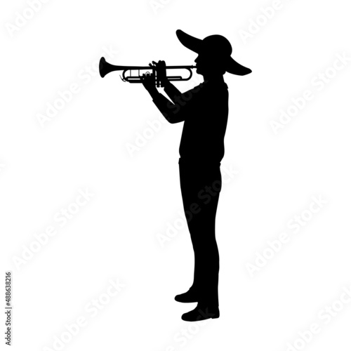 Silhouette of mexican man playing the trumpet of musical instrument.