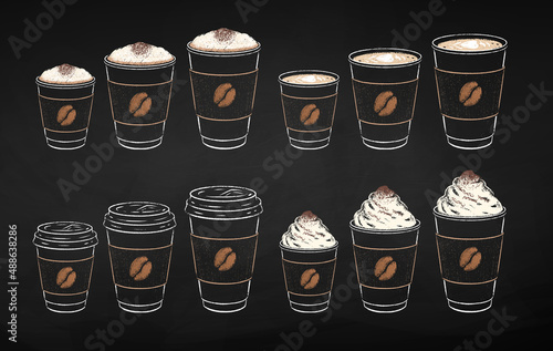 Chalked takeaway paper coffee cups in three sizes