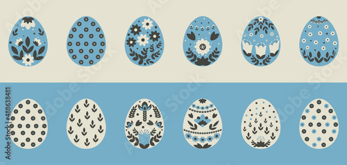 A set of Easter eggs in a floral style in gray-blue color