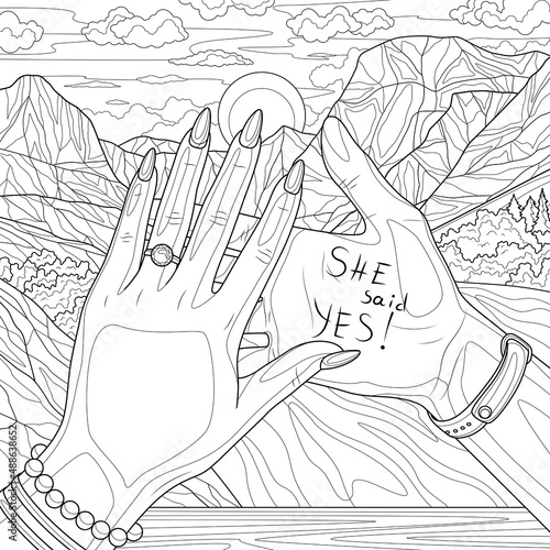 Marriage proposal.
Two hands on the background of mountains.Coloring book antistress for children and adults. Illustration isolated on white background.Zen-tangle style. Hand draw