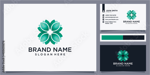 Beauty flower green color logo design with business card