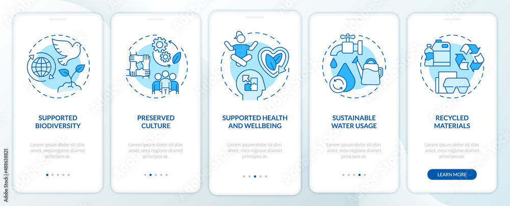 Circular economy foundations blue onboarding mobile app screen. Walkthrough 5 steps graphic instructions pages with linear concepts. UI, UX, GUI template. Myriad Pro-Bold, Regular fonts used