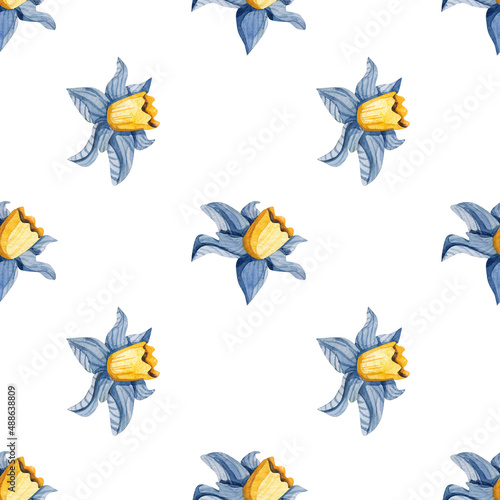 Delicate watercolour seamless pattern with blue daffodils. Minimal cute background with narcissus for nursery bedroom.