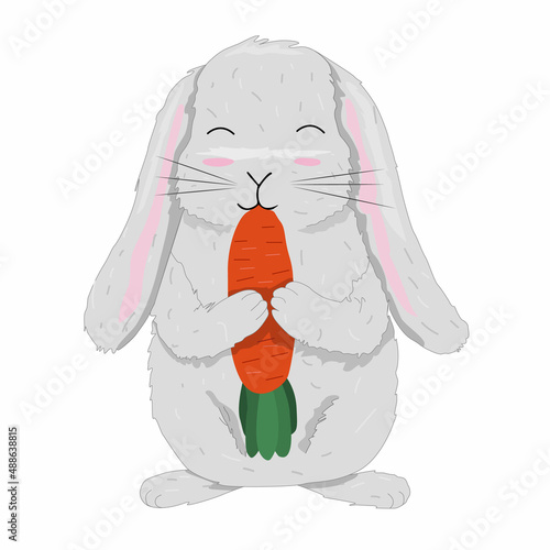 Vector hand drawn easter illustration with cute rabbit with carrot on white bacground