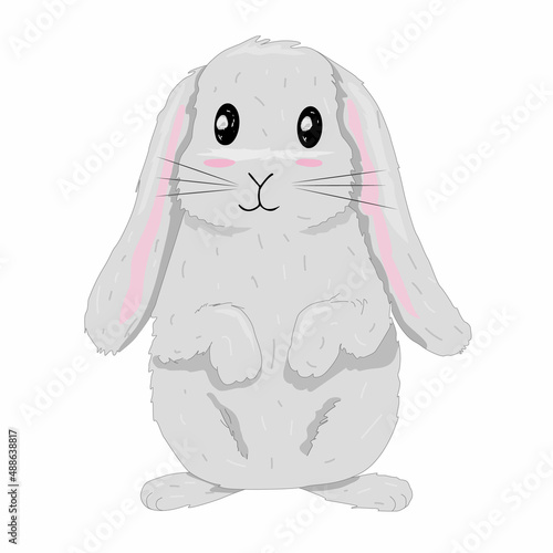 Vector hand drawn easter illustration with cute bunny, eggs on white bacground