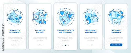 Circular economy foundations blue onboarding mobile app screen. Walkthrough 5 steps graphic instructions pages with linear concepts. UI, UX, GUI template. Myriad Pro-Bold, Regular fonts used