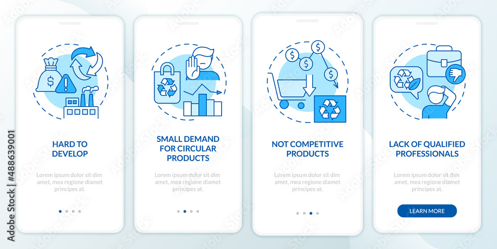 Circular economy disadvantages blue onboarding mobile app screen. Walkthrough 4 steps graphic instructions pages with linear concepts. UI, UX, GUI template. Myriad Pro-Bold, Regular fonts used
