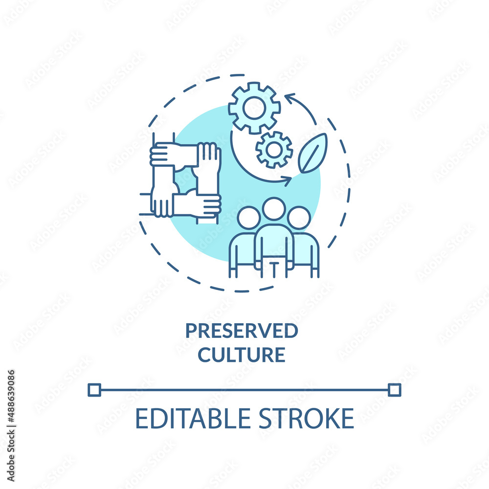 Preserved culture turquoise concept icon. Circular economy abstract idea thin line illustration. Cultural heritage. Isolated outline drawing. Editable stroke. Arial, Myriad Pro-Bold fonts used