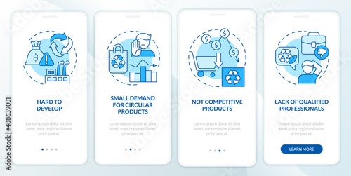 Circular economy disadvantages blue onboarding mobile app screen. Walkthrough 4 steps graphic instructions pages with linear concepts. UI, UX, GUI template. Myriad Pro-Bold, Regular fonts used