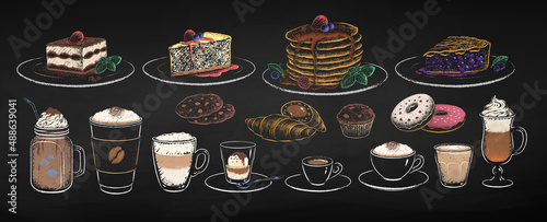 Chalked illustration set of coffee cups and desserts