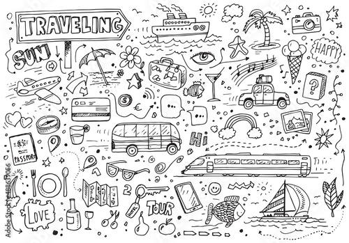 Hand drawn set of traveling doodles, vector icons on white paper