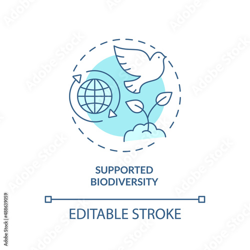 Supported biodiversity turquoise concept icon. Circular economy abstract idea thin line illustration. Support ecosystems. Isolated outline drawing. Editable stroke. Arial, Myriad Pro-Bold fonts used