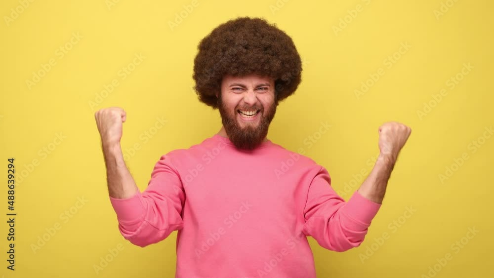 Bearded man with Afro hairstyle screaming for joy raising high his fists, celebrating successful winning, incredible victory, wearing pink sweatshirt. Indoor studio shot isolated on yellow background. Bearded man with Afro hairstyle screaming for joy raising high his fists, celebrating successful winning, incredible victory, wearing pink sweatshirt. Indoor studio shot isolated on yellow background.