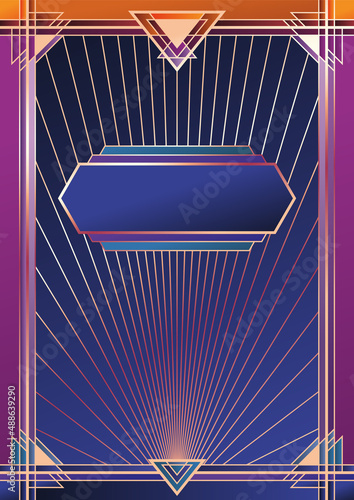 Art Deco Style Stained Glass Window, 1920s - 1940s Copper Decorative Border, Colorful Gradients Mosaic Background 