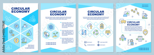 Circular economy turquoise brochure template. Natural resources usage. Leaflet design with linear icons. 4 vector layouts for presentation, annual reports. Arial-Black, Myriad Pro-Regular fonts used