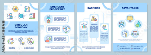 Circular economy approach blue brochure template. Emergent properties. Leaflet design with linear icons. 4 vector layouts for presentation, annual reports. Arial-Black, Myriad Pro-Regular fonts used