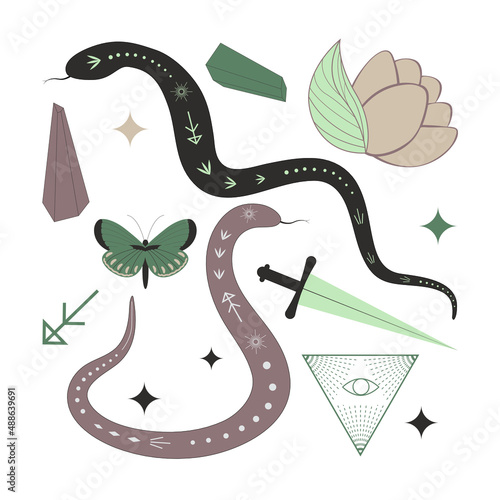 magic clipart collection with decorated snakes, flower, butterfly, knife and crystals