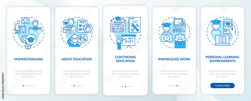 Lifelong learning contexts blue onboarding mobile app screen. Walkthrough 5 steps graphic instructions pages with linear concepts. UI, UX, GUI template. Myriad Pro-Bold, Regular fonts used