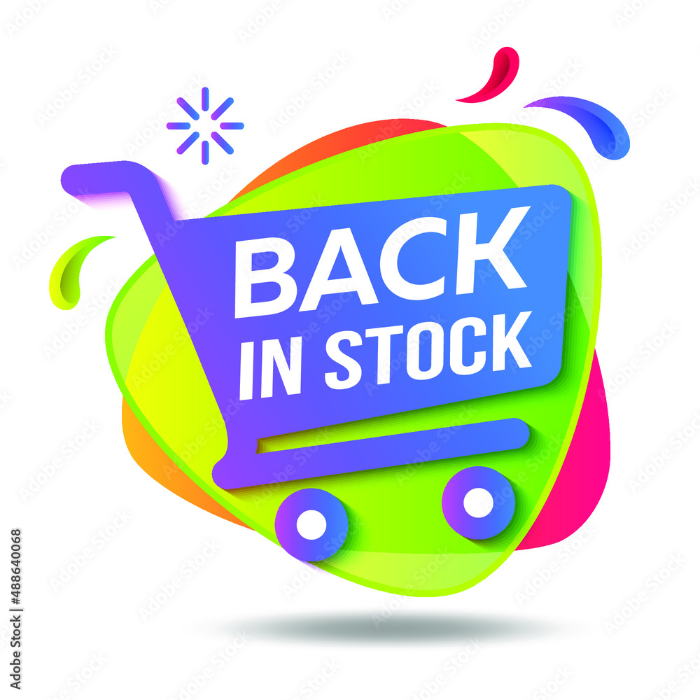 Back in stock bright tag . Vector illustration with shopping trolley ...