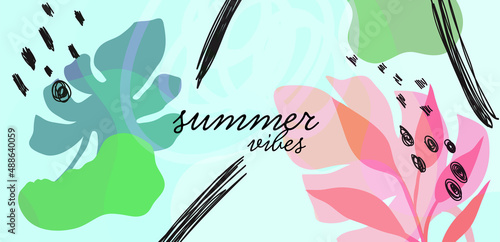 Trendy editable template for social banners, posters, flyers background. Summer theme with abstract shapes and tropic or exotic leaves or plants. Summertime tropical jungle vector illustration.