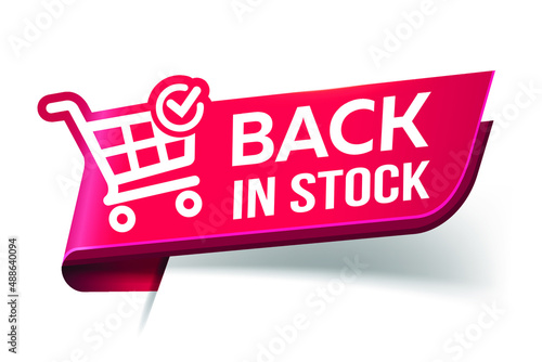 Vector Illustration Modern Label Back Back in stock With Shopping Cart. Web banner element.

