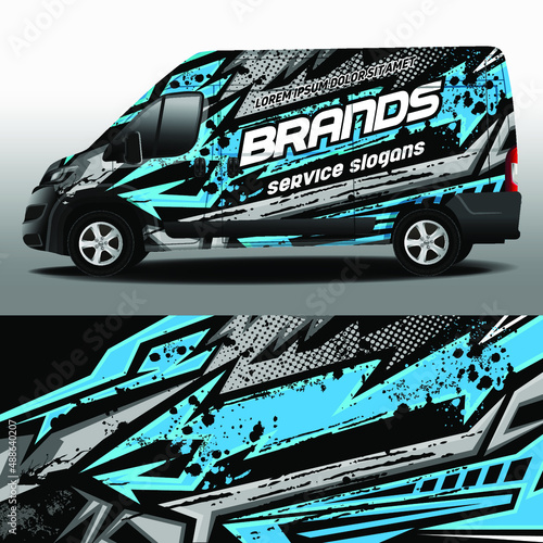 Cargo van wrap designs. Graphic abstract blue and gray grunge stripes for car branding. Modern camouflage design for vehicle vinyl wrap
