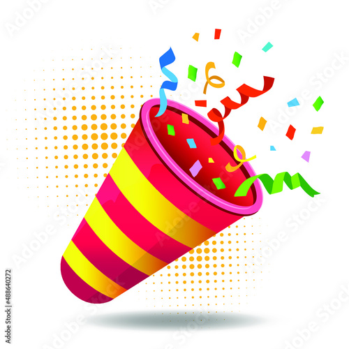 Exploding confetti party. Happy birthday, bright burglar. Vector illustration of an explosive party popper with serpentine. Holiday emoji symbol.