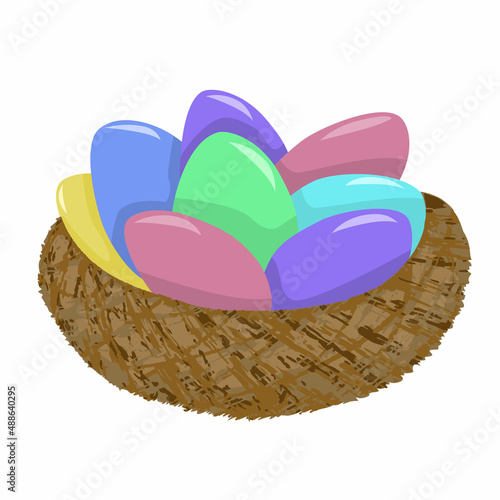 Hand-drawn vector illustration of a basket of colorful easter eggs isolated on white background