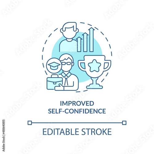 Improved self confidence turquoise concept icon. Lifelong education benefits abstract idea thin line illustration. Isolated outline drawing. Editable stroke. Arial, Myriad Pro-Bold fonts used