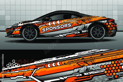 Sport car wrap design vector. Graphic abstract orange and gray stripes for packaging vehicles, racing cars, cargo vans, pickup trucks and racing livery.