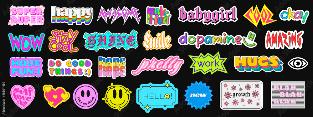 Set of Cool Trendy Stickers with Phrases. Cute Patches Collection Vector Design. - obrazy, fototapety, plakaty 