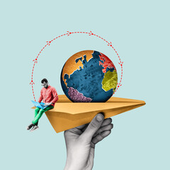 Online booking of plane tickets, art collage.