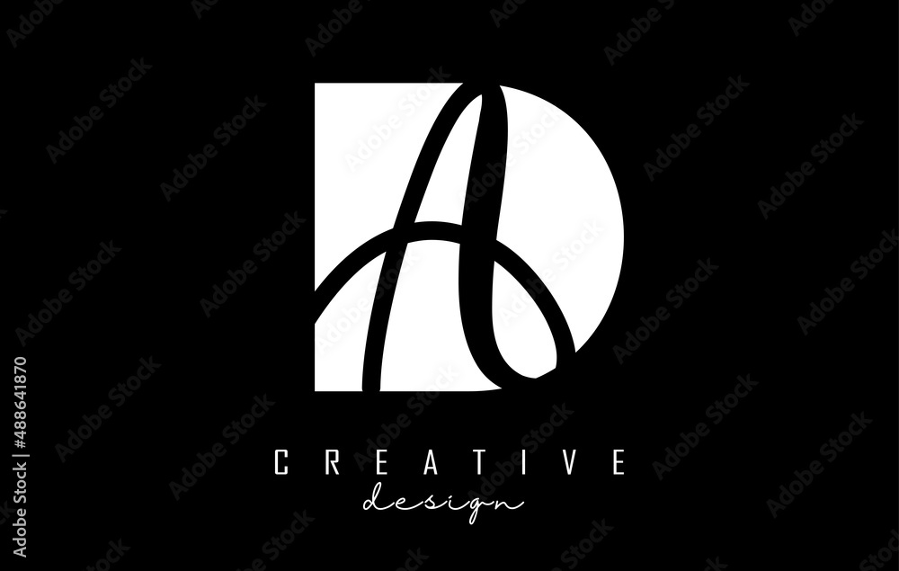 Black and white DA Letters logo with negative space. Letters D and A with geometric and handwritten typography.