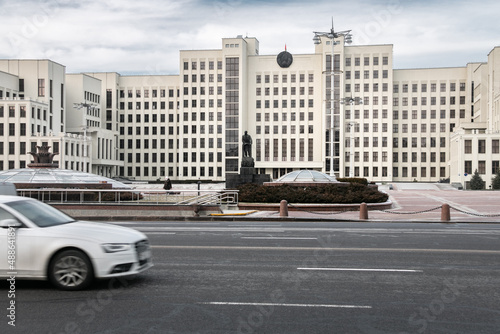 Minsk. Belarus. 02.18.2022 The House of the Government of the Republic of Belarus is the building of the Government of the Republic of Belarus in Minsk. In the center in front of the building stands a © Vladimir