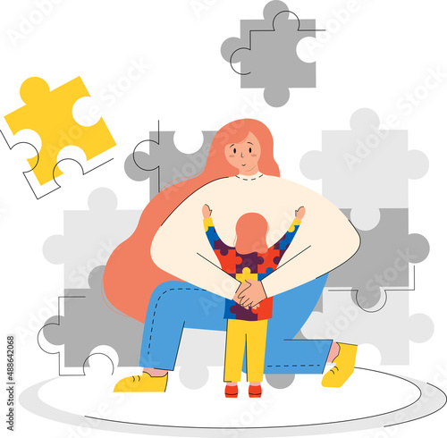 World Autism Awareness Day. A girl hugs a child illustration in a flat cartoon style. Background with puzzles. The girl is wearing a sweatshirt with puzzles with autism symbols.