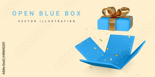 3D render and draw by mesh realistic open blue gift box and confetti. Vector Illustration